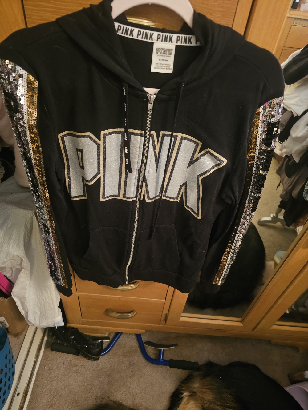 PINK Victoria's Secret Black Hoodie And Pants with Gold & Silver Sequin Trim - Picture 2 of 7